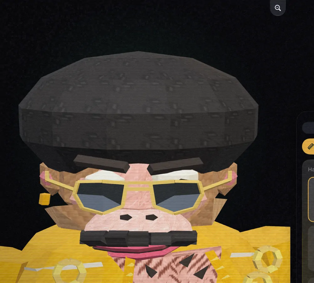 A monkey in gold sunglasses and a black beret, close up in the locker.
