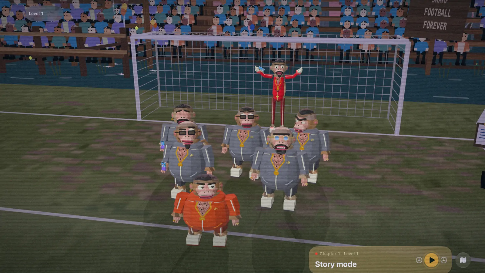 The squad lines up on the title screen in grey tracksuits, Gunk in orange at the front.