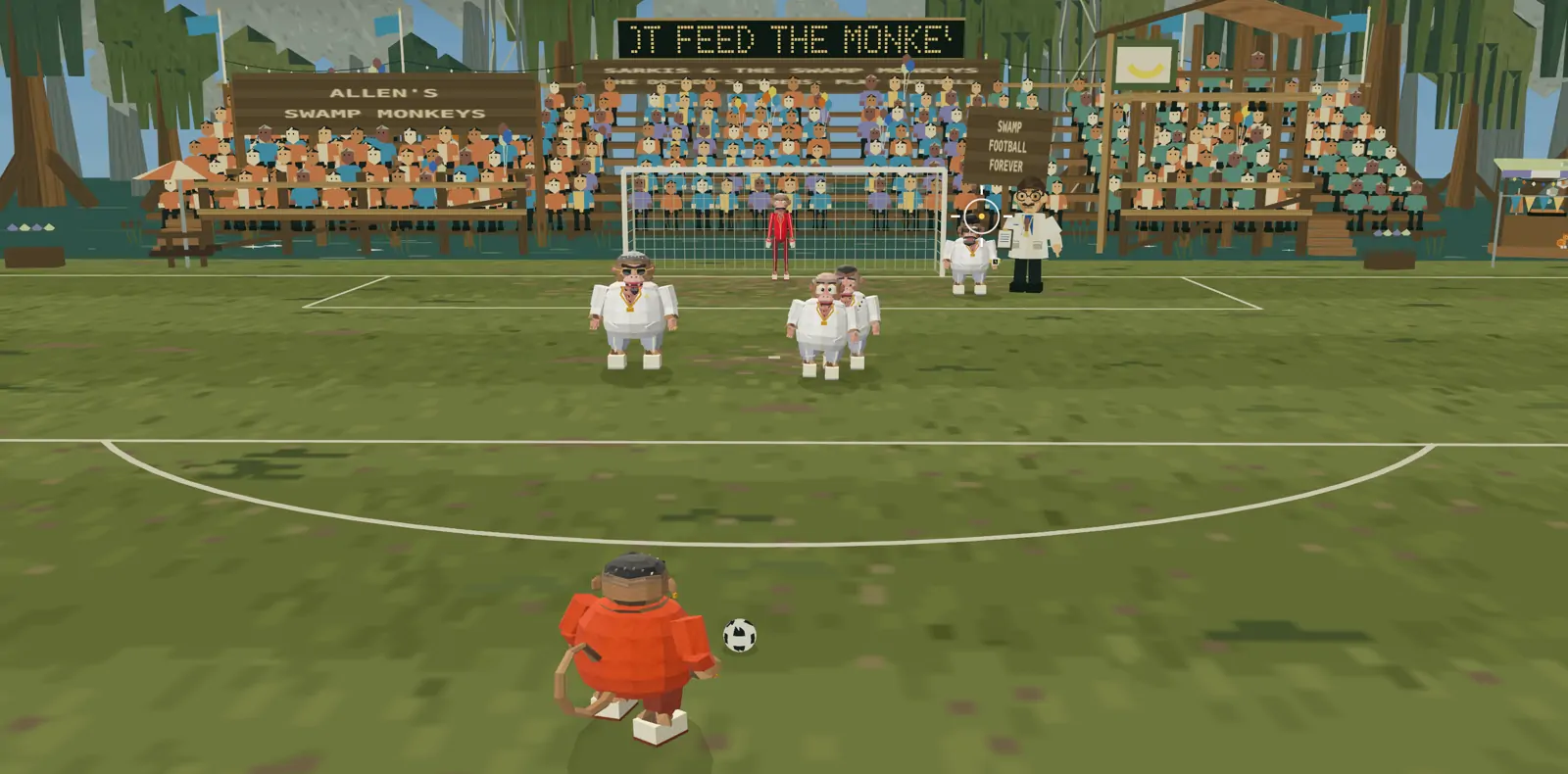 Full stands, with a banner that reads Do not feed the monkeys.